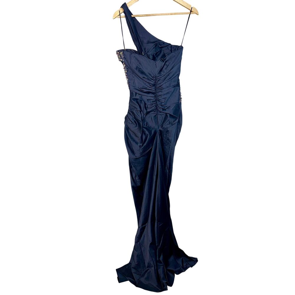 NWT Mandalay Navy Blue One Shoulder Beaded Sequin Evening Gown Dress Size 14 - Picture 7 of 14